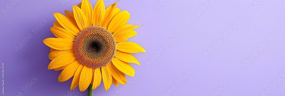 Fototapeta premium A sunny yellow sunflower flower isolated on a pastel purple background.