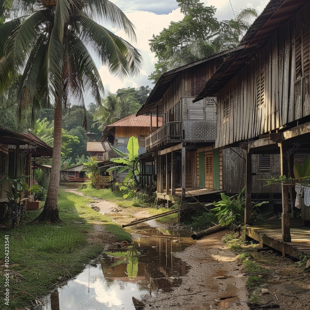 Rural wooden houses in tropical village after rain Rural wooden houses in tropical village after rain