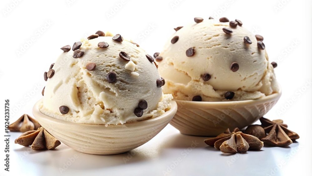 Two delicious ice cream scoops, one white with chocolate chips mixed in and the other sprinkled on top, against a low angle view Two delicious ice cream scoops, one white with chocolate chips mixed in and the other sprinkled on top, against a low angle view