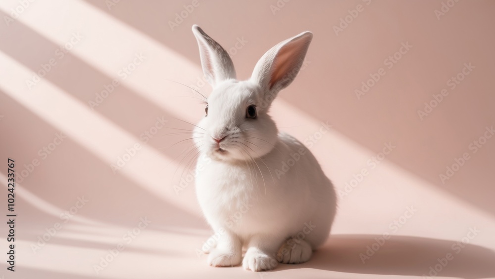 Obraz premium Adorable White Rabbit Posing on Pink Background.