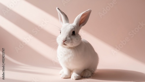 Adorable White Rabbit Posing on Pink Background. photo