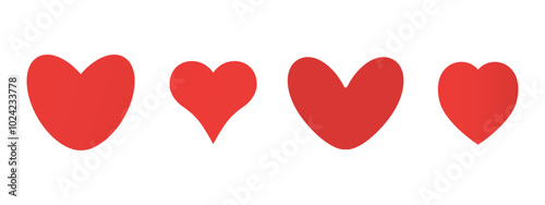 Set of red hearts of different shapes on a white isolated background. Design elements for Valentine's Day, websites, wedding. Vector.