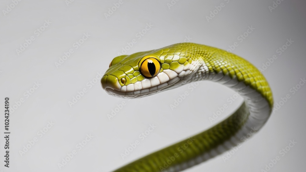 Fototapeta premium A tight shot of a green snake's head displays a yellow mark in the center of one eyeball.