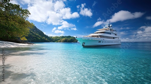 A luxurious yacht anchored near a remote island, surrounded by crystal-clear waters and pristine beaches photo