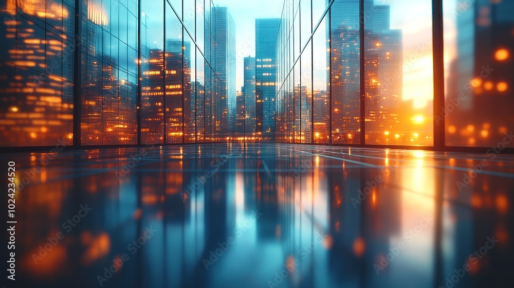 A view of the city from a large window during a sunset with a blurred view of the city beyond the window. A view of the city from a large window during a sunset with a blurred view of the city beyond the window.