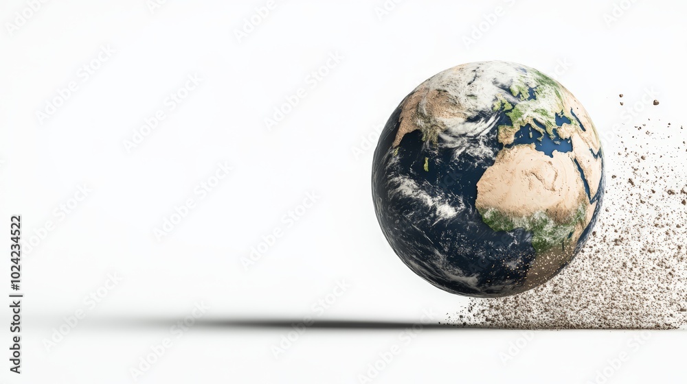Fototapeta premium Earth globe disintegrating into particles on white background