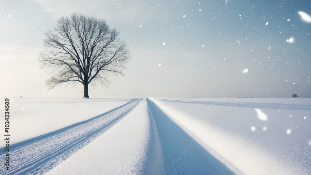Snowy Landscape with a Silhouetted Tree and a Track in the Snow. Snowy Landscape with a Silhouetted Tree and a Track in the Snow.