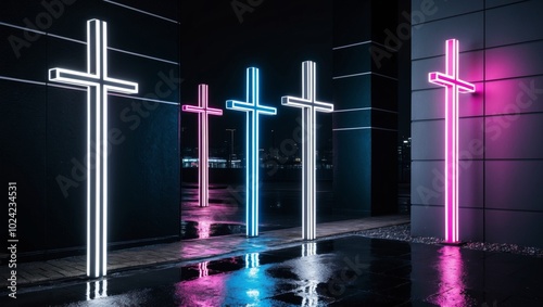 Neon crosses illuminated in a dark urban space at night. photo