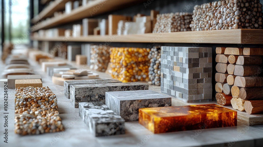 A close-up of various materials in a display on shelves in a showroom. A close-up of various materials in a display on shelves in a showroom.