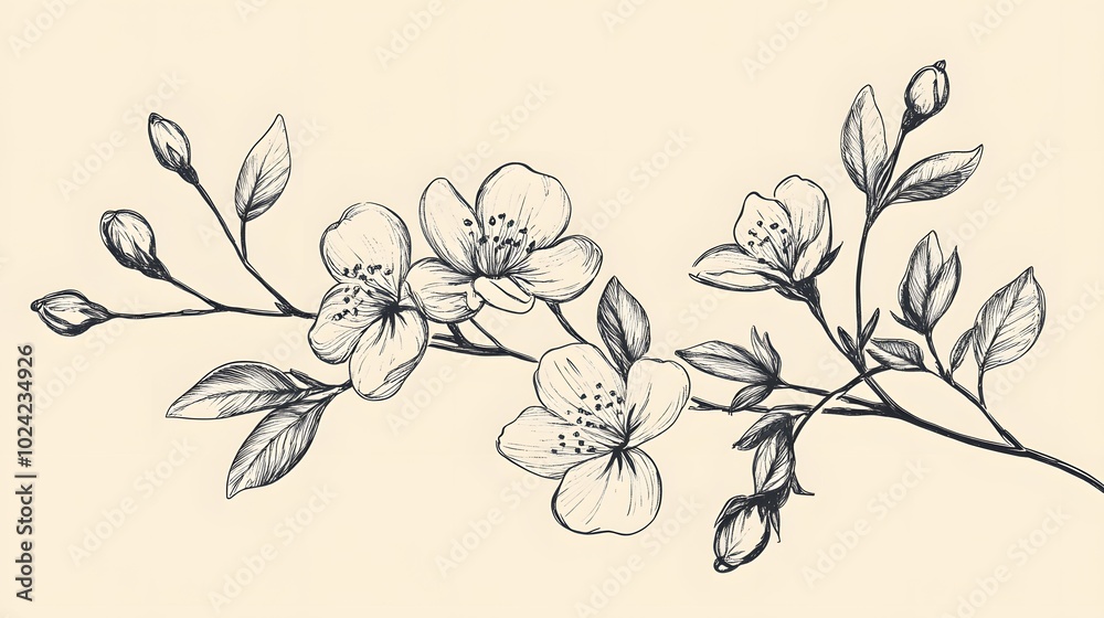Hand-drawn illustration of a flowering branch with delicate blossoms and leaves.