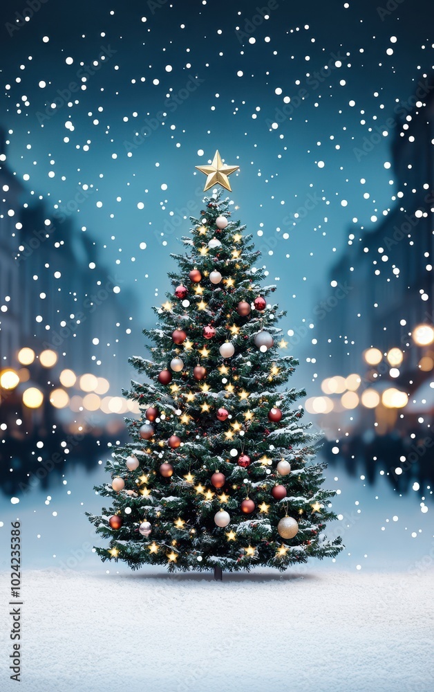 Obraz premium Festive Christmas tree with lights and decorations, snow falling in a winter wonderland.