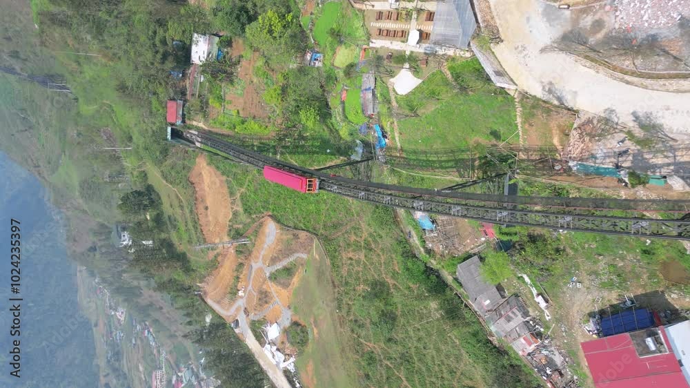 Red Funicular Train Vertical - Drone Following Red Funicular Train On Rail Track To ...