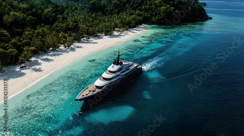 A luxurious yacht anchored near a remote island, surrounded by crystal-clear waters and pristine beaches photo