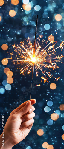 Hand holding a sparkler against a blurred blue background with bokeh lights. photo