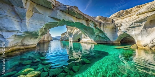 Unique white rocks and emerald green water in sea cave Sarakiniko Extreme Close-Up photo