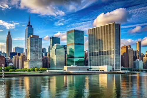 United Nations building and midtown Manhattan skyline at eye level