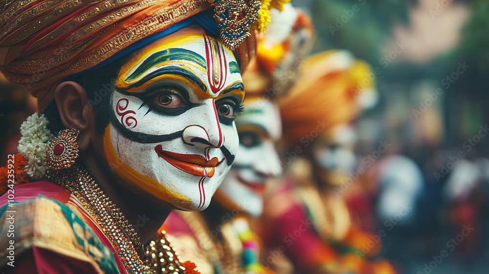 A procession of Kathakali dancers in vibrant, elaborate costumes and face paint performing on the streets during the Onam festival, cultural energy. Ai generated A procession of Kathakali dancers in vibrant, elaborate costumes and face paint performing on the streets during the Onam festival, cultural energy. Ai generated