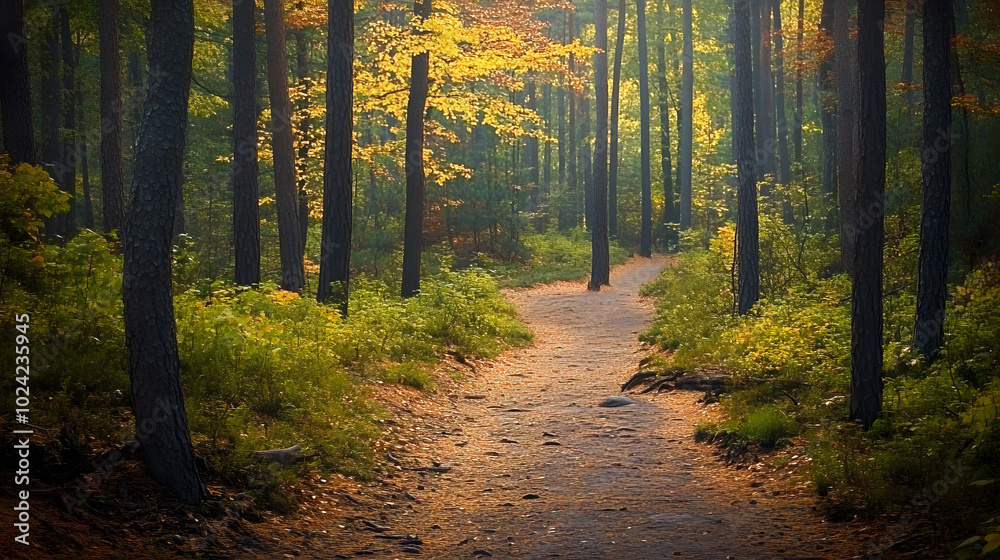 Obraz premium Nature trail and hiking path in forest. Forest scene with hiking path, straight trail through forest