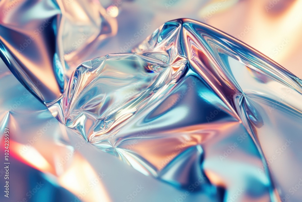 Vibrant reflections on crumpled metallic surface illuminated by soft light