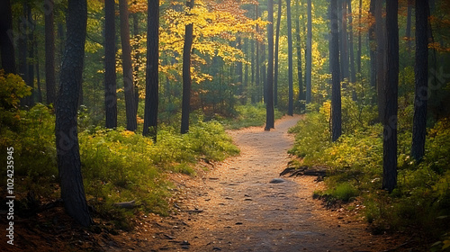 Nature trail and hiking path in forest. Forest scene with hiking path, straight trail through forest