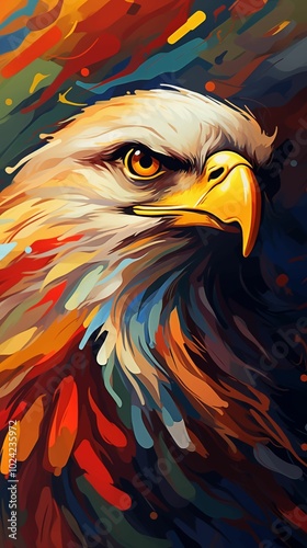 Colored abstract background of a bald eagle head, wallpaper for mobile, 9:16 ratio. Generative ai photo