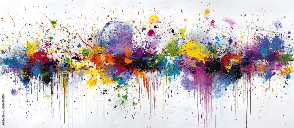 Fototapeta premium Abstract painting with splashes of vibrant color on a white background.