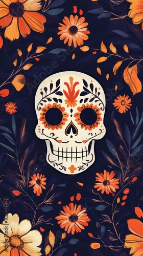 Vibrant Day of the Dead sugar skull surrounded by bright orange and yellow flowers on a dark background.