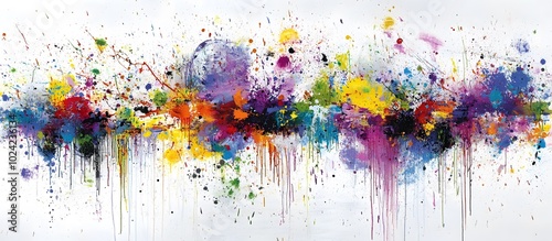 Abstract painting with splashes of vibrant color on a white background.