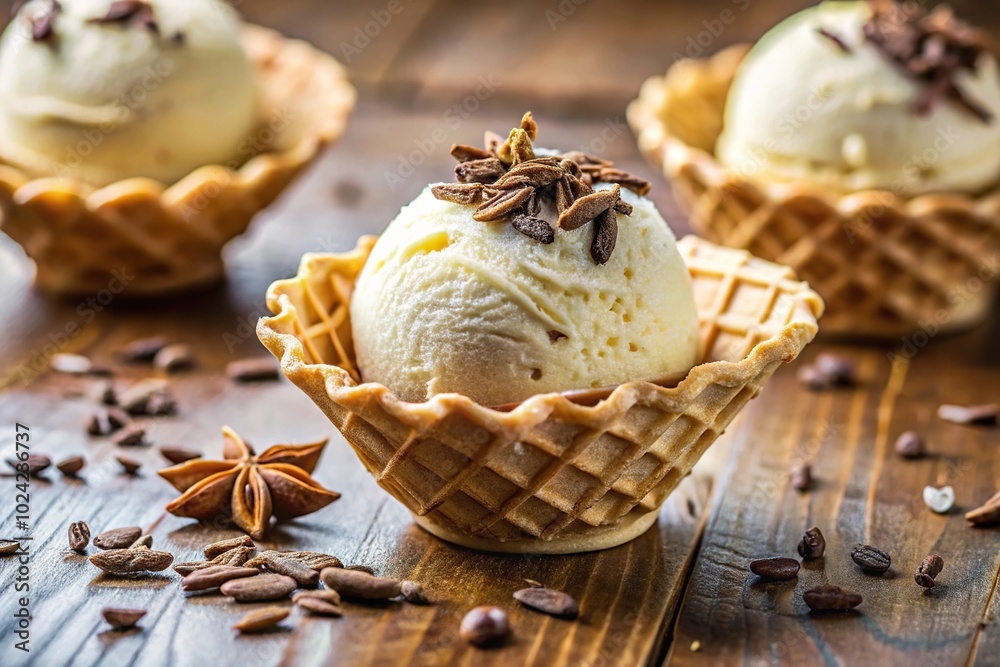 Vanilla ice cream scoops with chocolate shavings in waffle cone Vanilla ice cream scoops with chocolate shavings in waffle cone