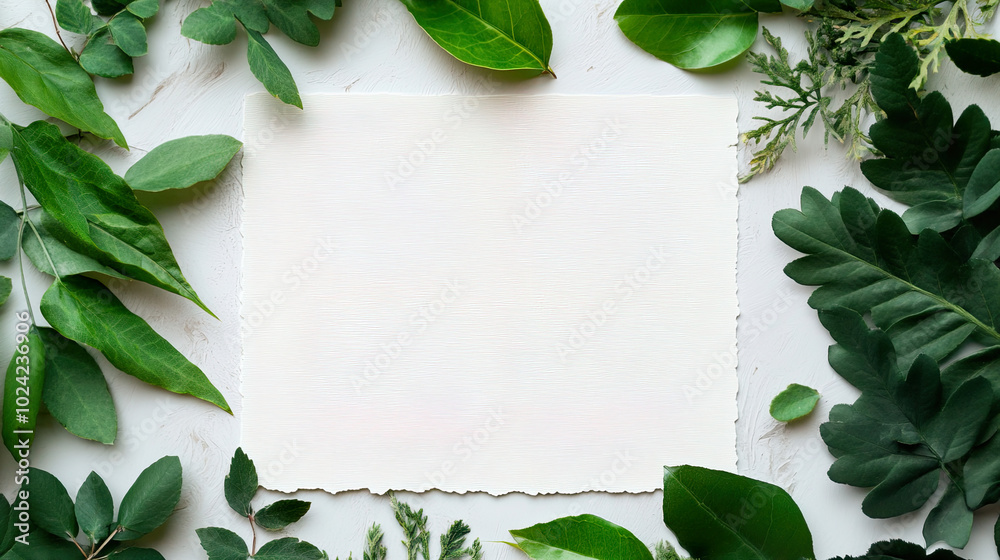 White copy space paper with eco green leaves background White copy space paper with eco green leaves background