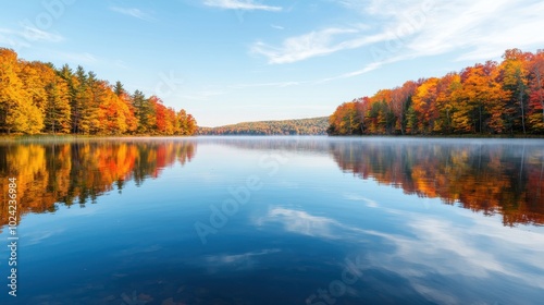 A beautiful lake with a blue sky and trees in the background