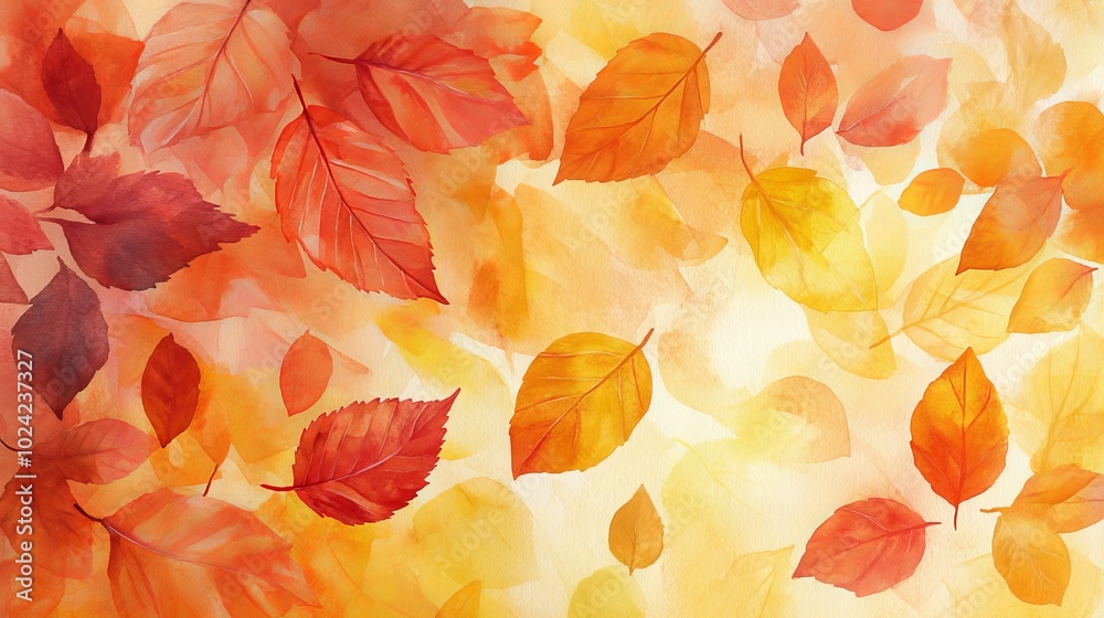 A painting of autumn leaves with a yellow background