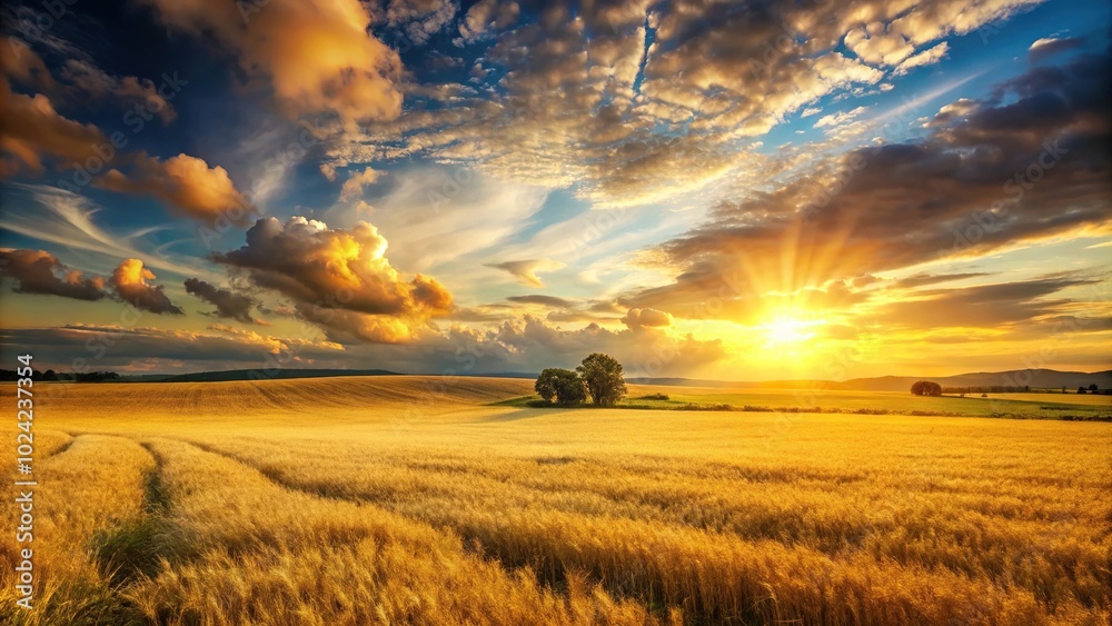 Fototapeta premium Vast and serene panorama of cultivated land bathed in warm sunlight close-up