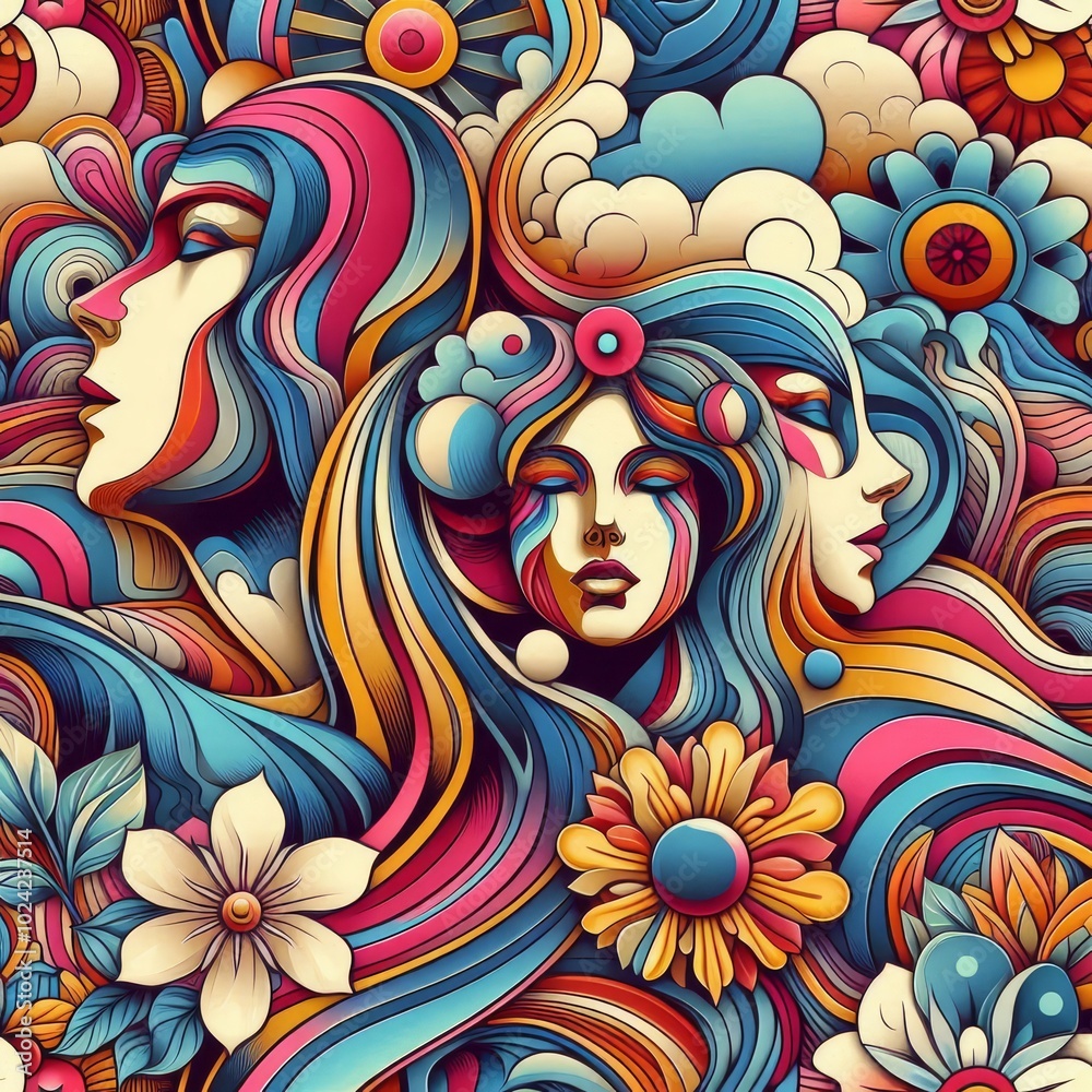 Abstract woman retro cool digital artwork. Contemporary pop art design, 70s style vivid flower child surreal pop art. Seamless pattern psychedelic hypnotic cartoon hippie trippy landscape
Abstract woman retro cool digital artwork. Contemporary pop art design, 70s style vivid flower child surreal pop art. Seamless pattern psychedelic hypnotic cartoon hippie trippy landscape