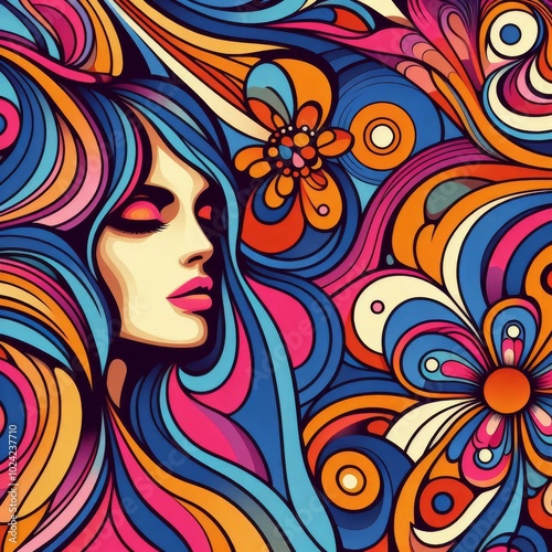 Abstract woman retro cool digital artwork. Contemporary pop art design, 70s style vivid flower child surreal pop art. Seamless pattern psychedelic hypnotic cartoon hippie trippy landscape 