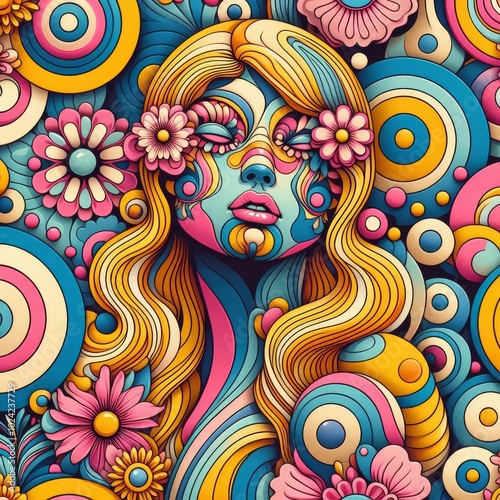 Abstract woman retro cool digital artwork. Contemporary pop art design, 70s style vivid flower child surreal pop art. Seamless pattern psychedelic hypnotic cartoon hippie trippy landscape
