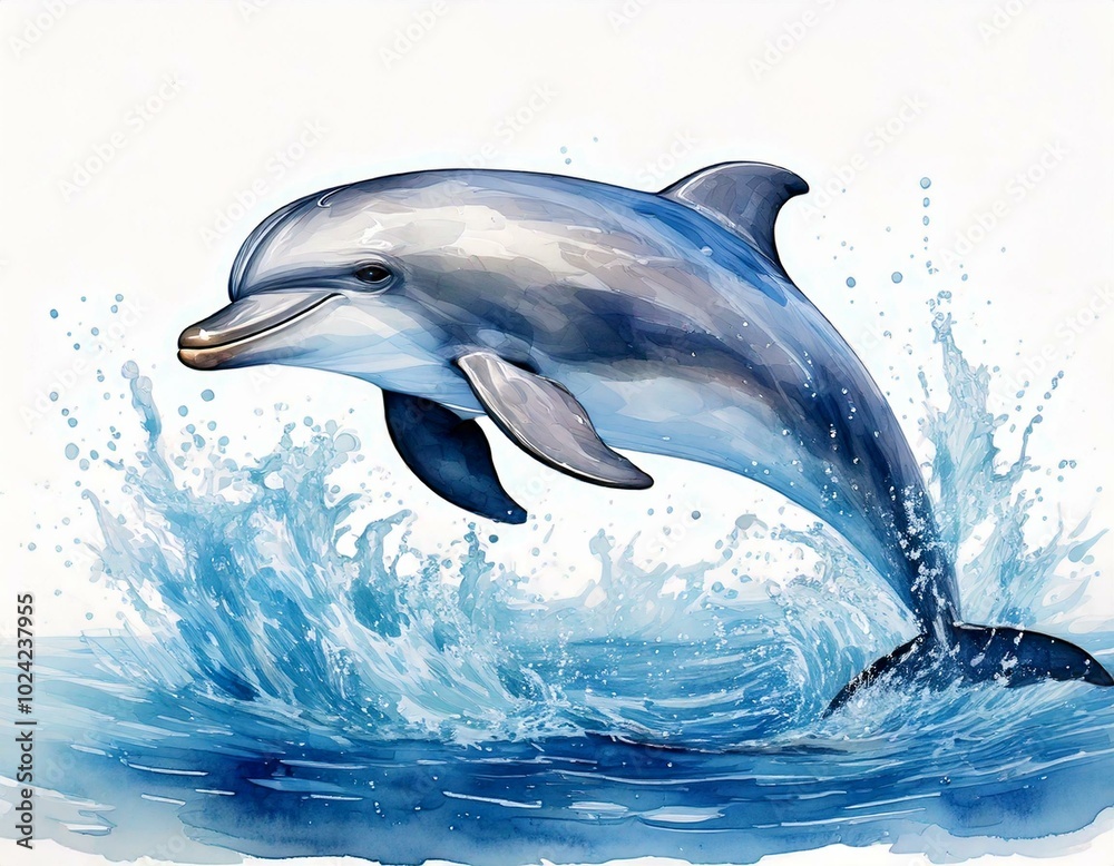 Naklejka premium Vibrant illustration of a dolphin leaping out of the ocean with splashing waves, beautifully rendered in watercolor style, perfect for marine themes.