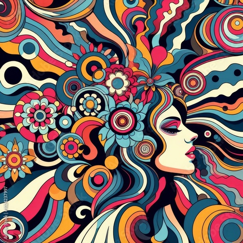 Abstract woman retro cool digital artwork. Contemporary pop art design, 70s style vivid flower child surreal pop art. Seamless pattern psychedelic hypnotic cartoon hippie trippy landscape
