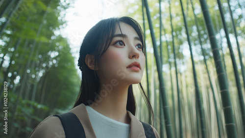 Beautiful Asian woman in a bamboo forest with soft sunlight