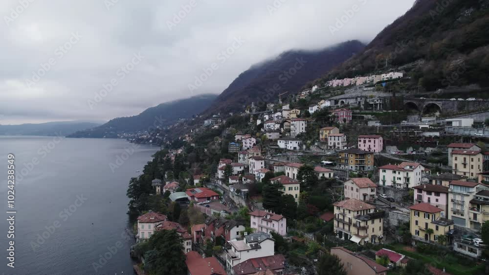 Aerial video over the famous Lake Como in Italy in a snowy winter. Aerial video over the famous Lake Como in Italy in a snowy winter.