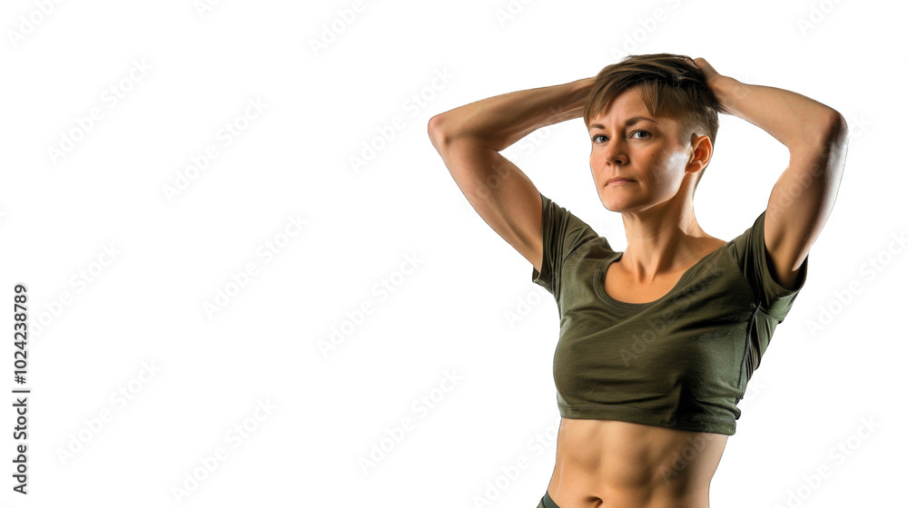 Sexy, young woman wearing part of an American soldiers uniform - camo pants. Sexy, young woman wearing part of an American soldiers uniform - camo pants.