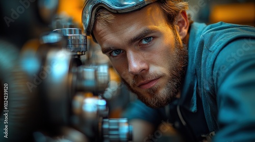 A young man with a beard, wearing safety glasses, looks directly at the camera while working on a large machine. He is wearing a blue work shirt and is standing in front of a piece of machinery.