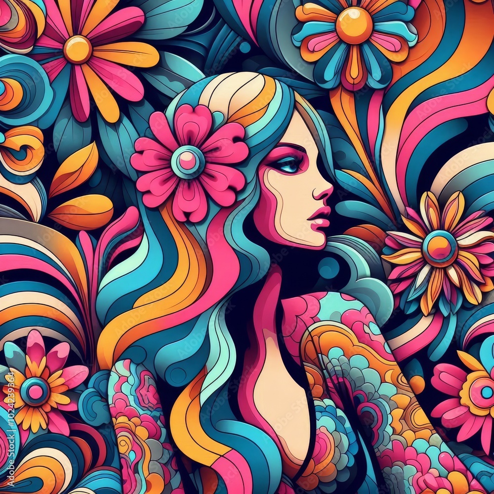 Abstract woman retro cool digital artwork. Contemporary pop art design, 70s style vivid flower child surreal pop art. Seamless pattern psychedelic hypnotic cartoon hippie trippy landscape
Abstract woman retro cool digital artwork. Contemporary pop art design, 70s style vivid flower child surreal pop art. Seamless pattern psychedelic hypnotic cartoon hippie trippy landscape