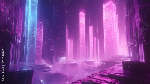 Futuristic Cityscape with Glowing Neon Towers and Fog