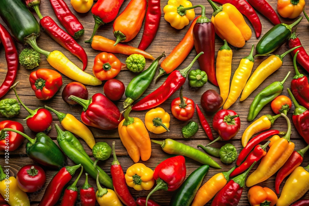Vibrant chili peppers of various colors and shapes Vibrant chili peppers of various colors and shapes