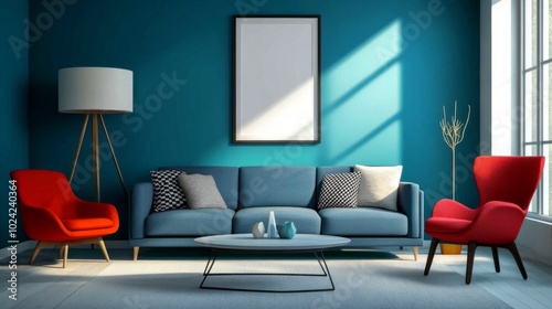 Modern living room with Scandinavian design elements  including a blue sofa  red chair  and teal wall with a minimalist poster frame.