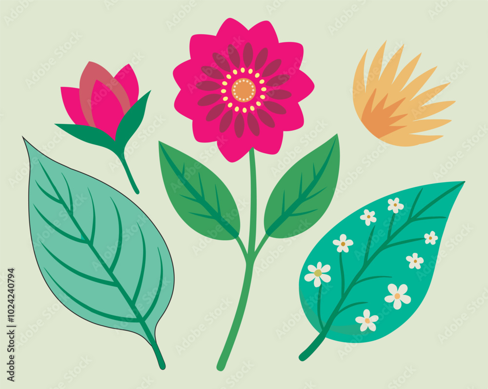 Hand drawn colored flower and leaves pattern Hand drawn colored flower and leaves pattern