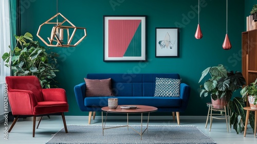 Vibrant Scandinavian living room with a blue sofa, red chair, and teal wall, centered around a sleek poster frame, creating a bold yet minimalist design.