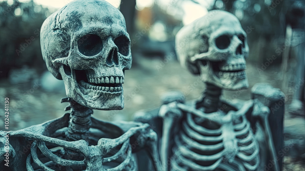 Scary spooky skeletons outside in Halloween