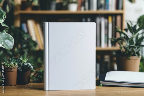 white book cover mockup on desk, with background of books and plants
